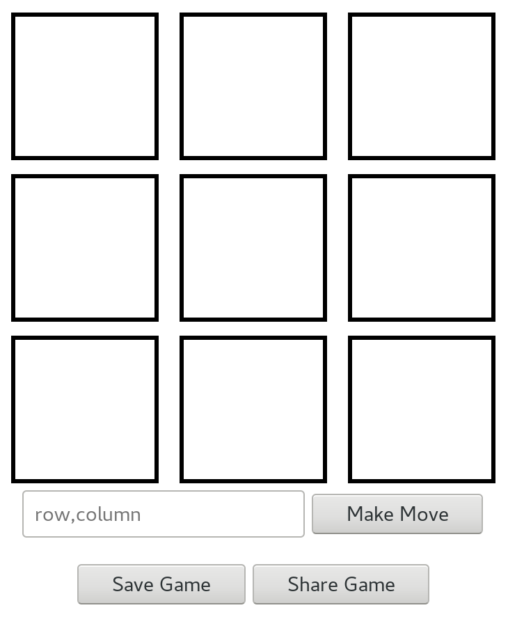 a tic tac toe board with options to make moves, save games, and share games
