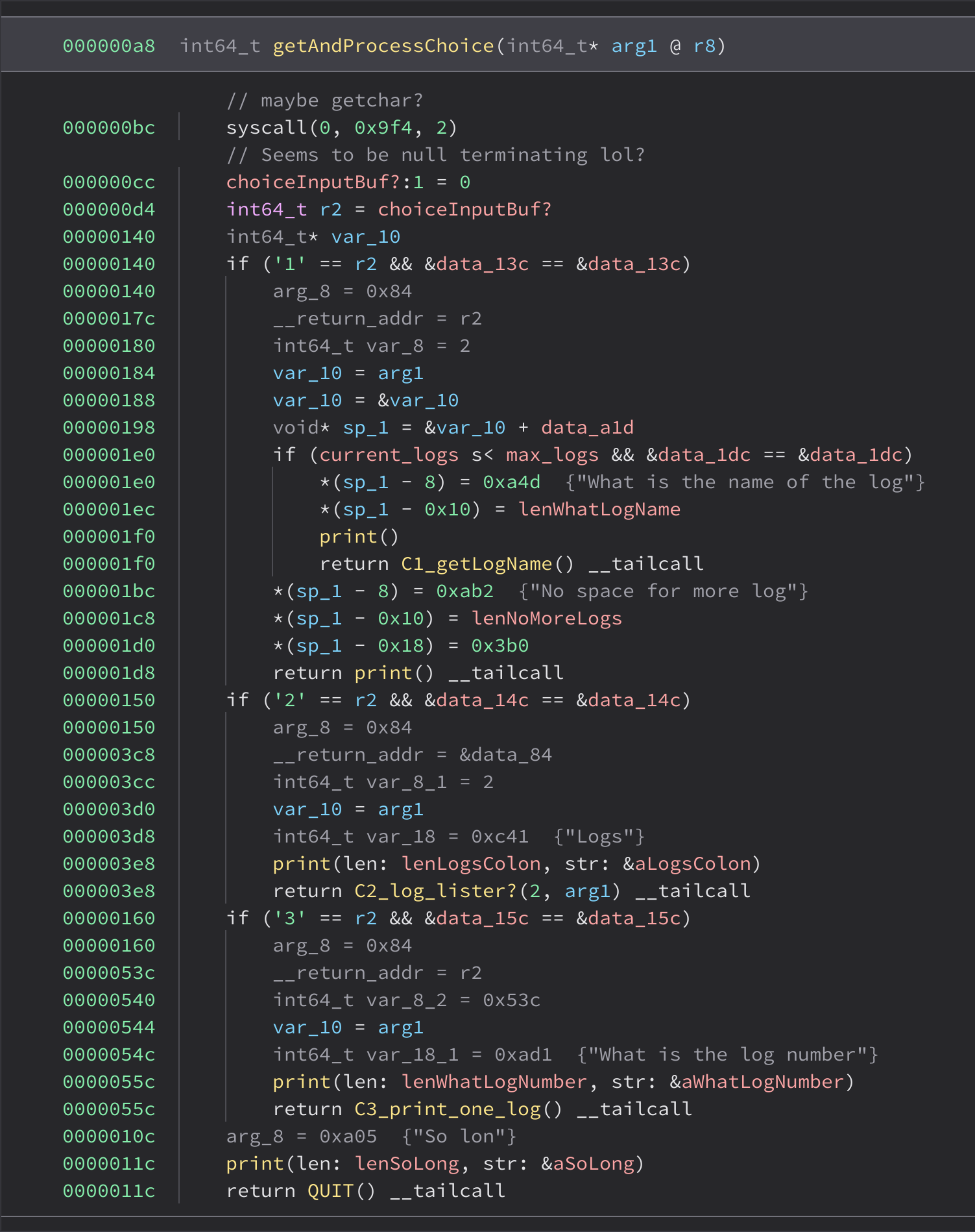 decompilation of getAndProcessChoice function