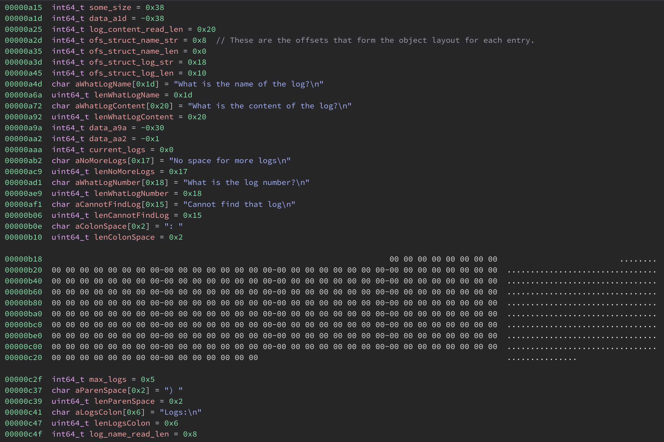 picture of data memory in p, showing a large gap where user data goes
